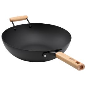 Oster Northcliffe 13.5 Inch Round Carbon Steel Flat Base Wok with Wooden Handles