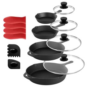 MegaChef 13 Piece Cast Iron Skillet Set with Tempered Glass Lids and Silicone Holders