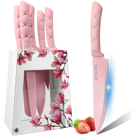 Kitchen Knife Set,Pink Flower 6PC Stainless Steel Sharp Chef Knife Set with Acrylic Stand, Cooking Non-slip Knife Set with Block, Non-stick Colorful C (Brand: Dot Pet)